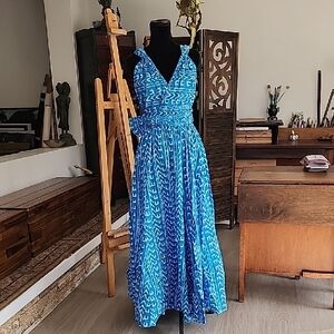 Ocean Blue Circle Maxi Dress Skirt Option Multi Tie 100% Cotton Med Large